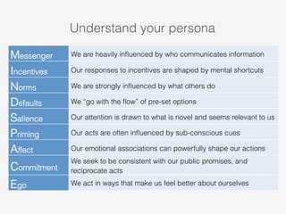 Understand your persona 
Messenger We are heavily influenced by who communicates information 
Incentives Our responses to incentives are shaped by mental shortcuts 
Norms We are strongly influenced by what others do 
Defaults We “go with the flow” of pre-set options 
Salience Our attention is drawn to what is novel and seems relevant to us 
Priming Our acts are often influenced by sub-conscious cues 
Affect Our emotional associations can powerfully shape our actions 
Commitment 
We seek to be consistent with our public promises, and 
reciprocate acts 
Ego We act in ways that make us feel better about ourselves 
 