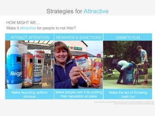 Strategies for Attractive 
HOW MIGHT WE… 
Make it attractive for people to not litter? 
REWARDS & SANCTIONS 
Make people own it by putting 
their reputation at stake 
ATTRACT ATTENTION 
Make recycling options 
obvious 
GAMIFY/ FUN 
Make the act of throwing 
trash fun 
h#p://i.dailymail.co.uk/i/pix/2009/03/19/arCcle-­‐1163132-­‐03F79CFC000005DC-­‐193_468x377.jpg 
h#p://chemistryteam.com/cms/wp-­‐content/uploads/bins21.jpg 
 