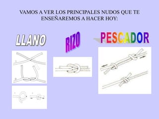 VAMOS A VER LOS PRINCIPALES NUDOS QUE TE  ENSEÑAREMOS A HACER HOY:<br />RIZO<br />PESCADOR<br />LLANO<br />