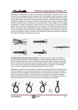Material preparado por Mundo J.A
www.mundoja.tk Nudos 10
Elaboración: Se descolchan los cabos y se le enfrenta, intercalando los cordones de uno y otro.
Para evitar que se deshagan más de lo preciso se hará un falcaceado en cada uno de ellos. Se liga
uno de los grupos de cordones sobre el firme del otro cabo para inmovilizarlo mientras se hace la
costura del otro grupo de cordones. Se pasa el primer cordón por encima del primero y por debajo
del segundo contiguo a él, en sentido contrario al colchado del cabo. Se pasa el segundo cordón,
también en sentido inverso al torsionado, por encima del primer cordón contiguo a él y por debajo
del segundo. Se repite la operación en igual forma con el tercer cordón y se acaba la primera
pasada. Se dan otras dos o tres pasadas más como mínimo y se tiene terminada la mitad de la
costura. Se deshace ahora la ligada del otro juego de cordones y se repite con ellos la operación.
Una vez terminada la costura se cortan los cordones que sobresalen y se les ahoga en la costura o
se hace un falcaceado en cada uno de ellos. Para redondear la costura se puede darle vueltas bajo
las suelas de los zapatos o golpearla con un mazo.
b. Empalme Ojo de Águila (Costura de gaza): La "costura de gaza", es decir la gaza hecha a
base de trenzar los diferentes cordones del cabo, es la forma más segura de hacer un bucle u ojo
fijo en el extremo de un cabo. Tienen una infinidad de aplicaciones. Suele utilizarse para amarras
fijas, en los extremos de las drizas, amantillos, contras y escotas, siempre que estén constituidas
por un cabo de varios cordones. Si está bien confeccionada es muy resistente, no se deshace
nunca, y si se la protege mediante un guardacabos tiene una gran duración
Elaboración: Se descolcha el cabo. Se hace una ligada o falcaceado provisional. Se pasa el primer
cordón por debajo de uno de los cordones del firme, en sentido contrario al colchado. Se pasa el
segundo cordón por el siguiente cordón del firme en el mismo sentido que el anterior. Se vuelve la
gaza. Se pasa el tercer cordón, en sentido contrario a los anteriores, y se azocan bien las tres
pasadas. Se deshace la ligada y se da un mínimo de dos pasadas más. Acabada la costura de la
gaza, se le da forma con una maza y se cortan al ras los cordones que sobresalgan.
 