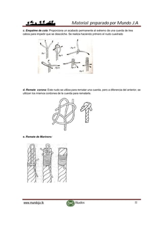Material preparado por Mundo J.A
www.mundoja.tk Nudos 11
c. Empalme de cola: Proporciona un acabado permanente al extremo de una cuerda de tres
cabos para impedir que se descolche. Se realiza haciendo primero el nudo cuadrado
d. Remate corona: Este nudo se utiliza para rematar una cuerda, pero a diferencia del anterior, se
utilizan los mismos cordones de la cuerda para rematarla.
e. Remate de Marinero:
 