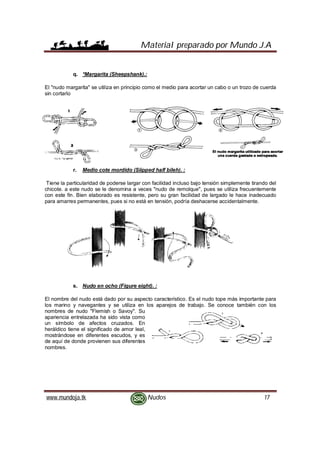 Material preparado por Mundo J.A
www.mundoja.tk Nudos 17
q. *Margarita (Sheepshank).:
El "nudo margarita" se utiliza en principio como el medio para acortar un cabo o un trozo de cuerda
sin cortarlo
r. Medio cote mordido (Siipped half bileh). :
Tiene la particularidad de poderse largar con facilidad incluso bajo tensión simplemente tirando del
chicote. a este nudo se le denomina a veces "nudo de remolque", pues se utiliza frecuentemente
con este fin. Bien elaborado es resistente, pero su gran facilidad de largado le hace inadecuado
para amarres permanentes, pues si no está en tensión, podría deshacerse accidentalmente.
s. Nudo en ocho (Figure eight). :
El nombre del nudo está dado por su aspecto característico. Es el nudo tope más importante para
los marino y navegantes y se utiliza en los aparejos de trabajo. Se conoce también con los
nombres de nudo "Flemish o Savoy". Su
apariencia entrelazada ha sido vista como
un símbolo de afectos cruzados. En
heráldico tiene el significado de amor leal,
mostrándose en diferentes escudos, y es
de aquí de donde provienen sus diferentes
nombres.
 