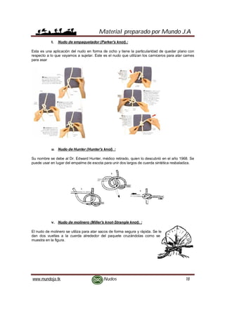 Material preparado por Mundo J.A
www.mundoja.tk Nudos 18
t. Nudo de empaquetador (Parker's knot).:
Esta es una aplicación del nudo en forma de ocho y tiene la particularidad de quedar plano con
respecto a lo que vayamos a sujetar. Este es el nudo que utilizan los carniceros para atar carnes
para asar
u. Nudo de Hunter (Hunter's knol). :
Su nombre se debe al Dr. Edward Hunter, médico retirado, quien lo descubrió en el año 1968. Se
puede usar en lugar del empalme de escota para unir dos largos de cuerda sintética resbaladiza.
v. Nudo de molinero (Miller's knot-Strangle knot). :
El nudo de molinero se utiliza para atar sacos de forma segura y rápida. Se le
dan dos vueltas a la cuerda alrededor del paquete cruzándolas como se
muestra en la figura.
 