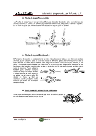 Material preparado por Mundo J.A
www.mundoja.tk Nudos 21
bb. *Vuelta de braza (Timber hitch).:
La "vuelta de braza" es un lazo provisional formado alrededor de objetos tales como troncos de
árboles, tablones, o postes, de forma que puedan ser arrastrados, empujados, subidos o bajados.
Es un nudo muy útil que puede hacerse con rapidez, es seguro, y no se aprieta.
cc. *Vuelta de escota (Sbeel bend). :
El "empalme de escota" es probablemente la unión más utilizada de todas, y con diferencia a otras
uniones, puede utilizarse para la unión de líneas de diferente grosor. El nombre proviene de la
forma en que se usaba en los veleros para asegurar los cabos, conocidos como escotas, a las
velas. Con independencia de este uso tradicional, es el nudo utilizado para unir las esquinas de las
banderas a las cuerdas cuando éstas se izan o se arrían, por lo que se le conoce también como
nudo de bandera. Puede utilizarse
también para amarrar cualquier
cosa que tenga un mango abierto,
a través del cual se pasa el cabo y
se sujeta con el mismo cabo. Es
rápido de hacer y fácil de
deshacer, siendo uno de los nudos
básicos que todos los marineros
deben conocer.
dd. Vuelta de escota doble (Double sheet bend).:
Sirve especialmente para atar cuerdas de que sean de distinto grosor, y
es más seguro que el vuelta escota simple
 