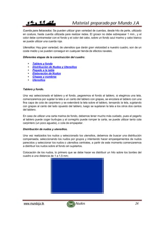 Material preparado por Mundo J.A
www.mundoja.tk Nudos 24
Cuerda para falcacedos: Se pueden utilizar gran variedad de cuerdas, desde hilo de perle, utilizado
en costura, hasta cuerda utilizada para realizar redes. El grosor no debe sobrepasar 1 mm., y el
color debe contrarrestar con el fondo y el color del cabo, sobre un fondo azul marino y cabo blanco
se puede utilizar una cuerda roja.
Utensilios: Hay gran variedad, de utensilios que darán gran vistosidad a nuestro cuadro, son de un
coste medio y se pueden conseguir en cualquier tienda de efectos navales.
Diferentes etapas de la construcción del cuadro:
• Tablero y fondo
• Distribución de Nudos y Utensilios
• Pegado a la tabla
• Elaboración de Nudos
• Chapas y nombres
• Utensilios
Tablero y fondo.
Una vez seleccionado el tablero y el fondo, pegaremos el fondo al tablero, si elegimos una tela,
comenzaremos por sujetar la tela a un canto del tablero con grapas, se encolara el tablero con una
fina capa de cola de carpintero y se extenderá la tela sobre el tablero, tensando la tela, sujetando
con grapas al canto del lado opuesto del tablero, luego se sujetaran la tela a los otros dos cantos
del tablero.
En caso de utilizar una carta marina de fondo, debemos tener mucho más cuidado, pues al pegarlo
al tablero puede coger burbujas y al corregirlo puede romper la carta, se puede utilizar tanto cola
carpintero (un poco aguada), o cola de empapelar.
Distribución de nudos y utensilios.
Una vez realizados los nudos y seleccionado los utensilios, debemos de buscar una distribución
compensada, seleccionando los nudos por grupos y intentando hacer emparejamientos de nudos
parecidos y seleccionar los nudos o utensilios centrales, a partir de este momento comenzaremos
a distribuir los nudos sobre el fondo sin sujetarlos.
Colocación de los nudos, lo primero que se debe hacer es distribuir un hilo sobre los bordes del
cuadro a una distancia de 1 a 1,5 mm;
 