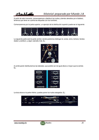 Material preparado por Mundo J.A
www.mundoja.tk Nudos 25
A partir de este momento, comenzaremos a distribuir los nudos y demás utensilios por el tablero,
tenemos que tener en cuenta las etiquetas con los nombres.
Comenzaremos por la parte superior, un ejemplo de la distribución superior puede ser el siguiente:
La siguiente parte será la parte central, donde podremos distinguir el, ancla, remo, bichero, faroles
(babor y estribor), y algún utensilio más. Ej.:
A continuación distribuiremos las laterales, que podrán ser de igual altura o mayor que la central,
Ej.:
Le toca ahora a la parte inferior, puedes poner los nudos alargados. Ej.:
 