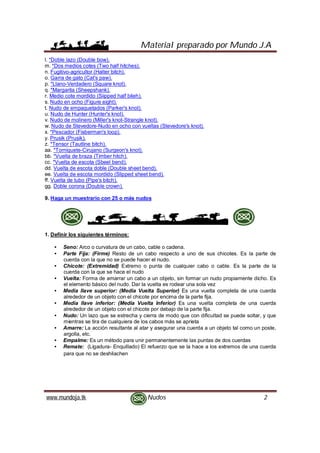 Material preparado por Mundo J.A
www.mundoja.tk Nudos 2
l. *Doble lazo (Double bow).
m. *Dos medios cotes (Two half hitches).
n. Fugitivo-agricultor (Halter bitch).
o. Garra de gato (Cat's paw).
p. *Llano-Verdadero (Square knot).
q. *Margarita (Sheepshank).
r. Medio cote mordido (Siipped half bileh).
s. Nudo en ocho (Figure eight).
t. Nudo de empaquetados (Parker's knot).
u. Nudo de Hunter (Hunter's knol).
v. Nudo de molinero (Miller's knot-Strangle knot).
w. Nudo de Stevedore-Nudo en ocho con vueltas (Stevedore's knot).
x. *Pescador (Fisberman's loop).
y. Prusik (Prusik).
z. *Tensor (Tautline bitch).
aa. *Torniquete-Cirujano (Surgeon's knot).
bb. *Vuelta de braza (Timber hitch).
cc. *Vuelta de escota (Sbeel bend).
dd. Vuelta de escota doble (Double sheet bend).
ee. Vuelta de escota mordido (Slipped sheet bend).
ff. Vuelta de tubo (Pipe's bitch).
gg. Doble corona (Double crown).
9. Haga un muestrario con 25 o más nudos
1. Definir los siguientes términos:
• Seno: Arco o curvatura de un cabo, cable o cadena.
• Parte Fija: (Firme) Resto de un cabo respecto a uno de sus chicotes. Es la parte de
cuerda con la que no se puede hacer el nudo.
• Chicote: (Extremidad) Extremo o punta de cualquier cabo o cable. Es la parte de la
cuerda con la que se hace el nudo
• Vuelta: Forma de amarrar un cabo a un objeto, sin formar un nudo propiamente dicho. Es
el elemento básico del nudo. Dar la vuelta es rodear una sola vez
• Media llave superior: (Media Vuelta Superior) Es una vuelta completa de una cuerda
alrededor de un objeto con el chicote por encima de la parte fija.
• Media llave inferior: (Media Vuelta Inferior) Es una vuelta completa de una cuerda
alrededor de un objeto con el chicote por debajo de la parte fija.
• Nudo: Un lazo que se estrecha y cierra de modo que con dificultad se puede soltar, y que
mientras se tira de cualquiera de los cabos más se aprieta
• Amarre: La acción resultante al atar y asegurar una cuerda a un objeto tal como un poste,
argolla, etc.
• Empalme: Es un método para unir permanentemente las puntas de dos cuerdas
• Remate: (Ligadura- Enquillado) El refuerzo que se la hace a los extremos de una cuerda
para que no se deshilachen
 