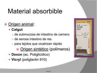 Material absorbible
   Origen animal:
     Catgut
      ○ de submucosa de intestino de carnero
      ○ de serosa intestino de res
      ○ para tejidos que cicatrizan rápido

            Origen sintético (polímeros)
     Dexon (ac. Poliglicólico)
     Vicryl (poliglactin 910)


                             Y.A.O.C.
 