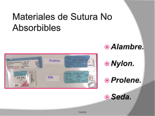 Materiales de Sutura No
Absorbibles
                           Alambre.

                           Nylon.

                           Prolene.

                           Seda.

               Y.A.O.C.
 