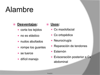 Alambre
    Desventajas:             Usos:
      corta los tejidos         Cx maxilofacial

      no es elástico            Cx ortopédica

      nudos abultados           Neurocirugía

      rompe los guantes         Reparación de tendones
                                 Esternón
      se tuerce
                                 Evisceración posterior a Cx
      difícil manejo
                                      abdominal


                           Y.A.O.C.
 