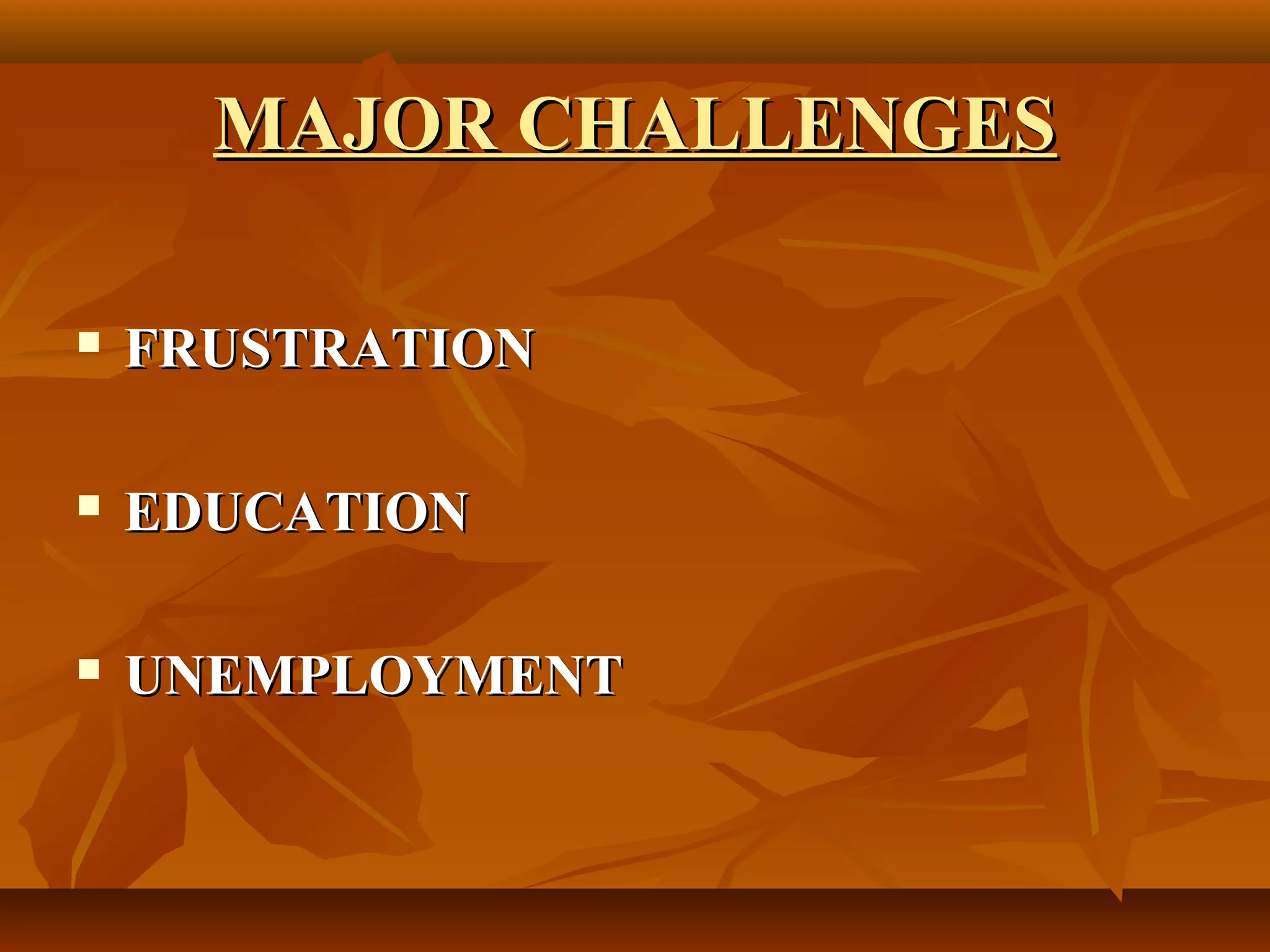 MAJOR CHALLENGES
FRUSTRATION
EDUCATION
UNEMPLOYMENT