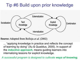 Tip #6 Build upon prior knowledge a ... “applying knowledge in practice and reflects the concept of learning by doing” (Xu & Quaddus, 2005). In support of the  inductive approach,  means guiding learners into internalizing lessons for explicit knowledge.  A successful program is designed to cultivate  ways of knowing .  