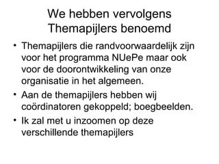 We hebben vervolgens
       Themapijlers benoemd
• Themapijlers die randvoorwaardelijk zijn
  voor het programma NUePe maar ook
  voor de doorontwikkeling van onze
  organisatie in het algemeen.
• Aan de themapijlers hebben wij
  coördinatoren gekoppeld; boegbeelden.
• Ik zal met u inzoomen op deze
  verschillende themapijlers
 
