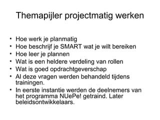 Themapijler projectmatig werken

• Hoe werk je planmatig
• Hoe beschrijf je SMART wat je wilt bereiken
• Hoe leer je plannen
• Wat is een heldere verdeling van rollen
• Wat is goed opdrachtgeverschap
• Al deze vragen werden behandeld tijdens
  trainingen.
• In eerste instantie werden de deelnemers van
  het programma NUePe! getraind. Later
  beleidsontwikkelaars.
 