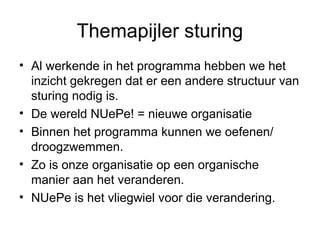 Themapijler sturing
• Al werkende in het programma hebben we het
  inzicht gekregen dat er een andere structuur van
  sturing nodig is.
• De wereld NUePe! = nieuwe organisatie
• Binnen het programma kunnen we oefenen/
  droogzwemmen.
• Zo is onze organisatie op een organische
  manier aan het veranderen.
• NUePe is het vliegwiel voor die verandering.
 
