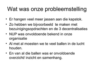 Wat was onze probleemstelling
• Er hangen veel meer jassen aan die kapstok.
• Zo hebben we bijvoorbeeld te maken met
  bezuinigingsopdrachten en de 3 decentralisaties
• NUP was onvoldoende bekend in onze
  organisatie
• Al met al moesten we te veel ballen in de lucht
  houden.
• En van al die ballen was er onvoldoende
  overzicht/ inzicht en samenhang.
 