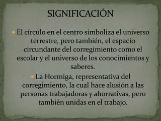  El círculo en el centro simboliza el universo
terrestre, pero también, el espacio
circundante del corregimiento como el
escolar y el universo de los conocimientos y
saberes.
 La Hormiga, representativa del
corregimiento, la cual hace alusión a las
personas trabajadoras y ahorrativas, pero
también unidas en el trabajo.
 