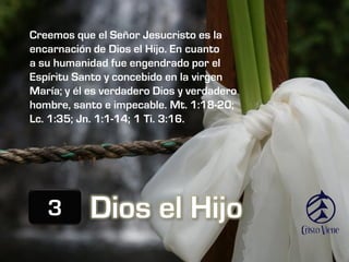 Creemos que el Señor Jesucristo es la
encarnación de Dios el Hijo. En cuanto
a su humanidad fue engendrado por el
Espíritu Santo y concebido en la virgen
María; y él es verdadero Dios y verdadero
hombre, santo e impecable. Mt. 1:18-20;
Lc. 1:35; Jn. 1:1-14; 1 Ti. 3:16.




   3       Dios el Hijo
 