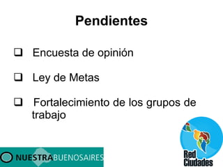 Pendientes Encuesta de opinión  Ley de Metas Fortalecimiento de los grupos de  trabajo 