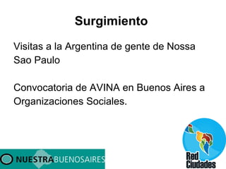 Surgimiento  Visitas a la Argentina de gente de Nossa  Sao Paulo Convocatoria de AVINA en Buenos Aires a  Organizaciones Sociales. 