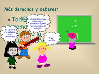 Tod@s tenemos derecho a la EDUCACIÓN. Más derechos y deberes: 9 + 7 ¡Chicas! ¿Vosotras vais a seguir estudiando cuando terminemos en el colegio? Y yo también Si, yo voy a ir a estudiar a la Universidad 