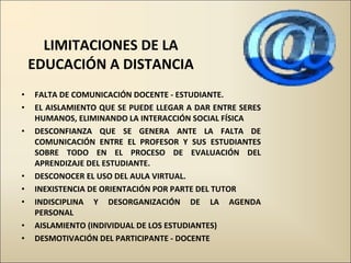 LIMITACIONES DE LA  EDUCACIÓN A DISTANCIA  FALTA DE COMUNICACIÓN DOCENTE - ESTUDIANTE. EL AISLAMIENTO QUE SE PUEDE LLEGAR A DAR ENTRE SERES HUMANOS, ELIMINANDO LA INTERACCIÓN SOCIAL FÍSICA DESCONFIANZA QUE SE GENERA ANTE LA FALTA DE COMUNICACIÓN ENTRE EL PROFESOR Y SUS ESTUDIANTES SOBRE TODO EN EL PROCESO DE EVALUACIÓN DEL APRENDIZAJE DEL ESTUDIANTE. DESCONOCER EL USO DEL AULA VIRTUAL. INEXISTENCIA DE ORIENTACIÓN POR PARTE DEL TUTOR INDISCIPLINA Y DESORGANIZACIÓN DE LA AGENDA PERSONAL AISLAMIENTO (INDIVIDUAL DE LOS ESTUDIANTES) DESMOTIVACIÓN DEL PARTICIPANTE - DOCENTE 