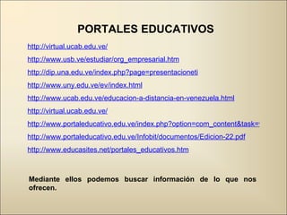 PORTALES EDUCATIVOS http://virtual.ucab.edu.ve/ http://www.usb.ve/estudiar/org_empresarial.htm http://dip.una.edu.ve/index.php?page=presentacioneti http://www.uny.edu.ve/ev/index.html http://www.ucab.edu.ve/educacion-a-distancia-en-venezuela.html http://virtual.ucab.edu.ve/ http://www.portaleducativo.edu.ve/index.php?option=com_content&task=view&id=983&Itemid=213 http://www.portaleducativo.edu.ve/Infobit/documentos/Edicion-22.pdf http://www.educasites.net/portales_educativos.htm Mediante ellos podemos buscar información de lo que nos ofrecen. 