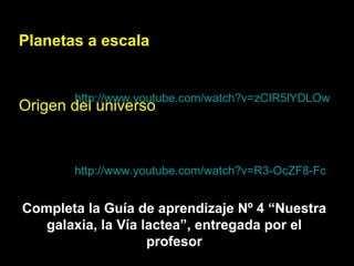 Planetas a escala Origen del universo http://www.youtube.com/watch?v=zCIR5lYDLOw http://www.youtube.com/watch?v=R3-OcZF8-Fc Completa la Guía de aprendizaje Nº 4 “Nuestra galaxia, la Vía lactea”, entregada por el profesor 