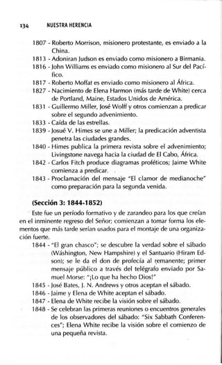 134 NUESTRA HERENCIA
1807 - Roberto Morrison, misionero protestante, es enviado a la
China.
1813 - Adoniran Judson es enviado como misionero a Birmania.
1816 - John Williams es enviado como misionero al Sur del Pací-
fico.
181 7 - Roberto Moffat es enviado como misionero al África.
1827 - Nacimiento de Elena Harmon (más tarde de White} cerca
de Portland, Maine, Estados Unidos de América.
1831 - Guillermo Miller, José Wolff y otros comienzan a predicar
sobre el segundo advenimiento.
1833 - Caída de las estrellas.
1839 - Josué V. Himes se une a Miller; la predicación adventista
penetra las ciudades grandes.
1840 - Himes publica la primera revista sobre el advenimiento;
Livingstone navega hacia la ciudad de El Cabo, África.
1842 - Carlos Fitch produce diagramas proféticos; Jaime White
comienza a predicar. .
1843 - Proclamación del mensaje "El clamor de medianoche"
como preparación para la segunda venida.
(Sección 3: 1844-1852)
Este fue un período formativo y de zarandeo para los que creían
en el inminente regreso del Señor; comienzan a tomar forma los ele-
mentos que más tarde serían usados para el montaje de una organiza-
ción fuerte.
1844 - "El gran chasco"; se descubre la verdad sobre el sábado
(Wáshington, New Hampshire} y el Santuario (Hiram Ed-
son); se le da el don de profecía al ~emanente; primer
mensaje público a través del telégrafo enviado por Sa-
muel Morse: "¡Lo que ha hecho Dios!"
1845 - José Bates, J. N. Andrews y otros aceptan el sábado.
1846 - Jaime y Elena de White aceptan el sábado.
1847 - Elena de White recibe la visión sobre el sábado.
1848 - Se celebran las primeras reuniones o encuentrosgenerales
de los observadores del sábado: "Six Sabbath Conferen-
ces"; Elena White recibe la visión sobre el comienzo de
una pequeña revista.
 