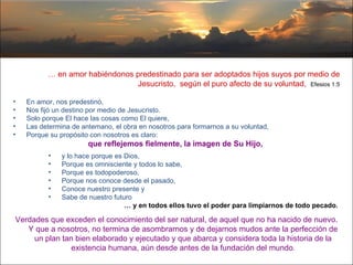 …  en amor habiéndonos predestinado para ser adoptados hijos suyos por medio de Jesucristo,  según el puro afecto de su voluntad,   Efesios 1:5 En amor, nos predestinó,  Nos fijó un destino por medio de Jesucristo.  Solo porque El hace las cosas como El quiere,  Las determina de antemano, el obra en nosotros para formarnos a su voluntad,  Porque su propósito con nosotros es claro:  que reflejemos fielmente, la imagen de Su Hijo,  y lo hace porque es Dios,  Porque es omnisciente y todos lo sabe,  Porque es todopoderoso,  Porque nos conoce desde el pasado,  Conoce nuestro presente y  Sabe de nuestro futuro  …  y en todos ellos tuvo el poder para limpiarnos de todo pecado.  Verdades que exceden el conocimiento del ser natural, de aquel que no ha nacido de nuevo. Y que a nosotros, no termina de asombrarnos y de dejarnos mudos ante la perfección de un plan tan bien elaborado y ejecutado y que abarca y considera toda la historia de la existencia humana, aún desde antes de la fundación del mundo . 