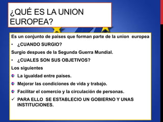 ¿QUÉ ES LA UNION
EUROPEA?
Es un conjunto de paises que forman parte de la union europea
• ¿CUANDO SURGIO?
Surgio despues de la Segunda Guerra Mundial.
• ¿CUALES SON SUS OBJETIVOS?
Los siguientes
La igualdad entre países.
Mejorar las condiciones de vida y trabajo.
Facilitar el comercio y la circulación de personas.
 PARA ELLO SE ESTABLECIO UN GOBIERNO Y UNAS
INSTITUCIONES.
 