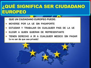 ¿QUÉ SIGNIFICA SER CIUDADANO
EUROPEO
 QUE UN CIUDADANO EUROPEO PUEDE:
MOVERSE POR LA UE SIN PASAPORTE
ESTUDIAR Y TRABAJAR EN CUALQUIER PAIS DE LA UE
ELEGIR A QUIEN QUIERAN DE REPRESENTANTE
TIENEN DERECHO A IR A CUALQUIER MEDICO SIN PAGAR
(a no ser de que sea privado)
 