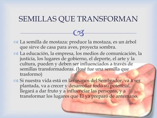 SEMILLAS QUE TRANSFORMAN 
 
 La semilla de mostaza: produce la mostaza, es un árbol 
que sirve de casa para aves, proyecta sombra. 
 La educación, la empresa, los medios de comunicación, la 
justicia, los lugares de gobierno, el deporte, el arte y la 
cultura, pueden y deben ser influenciados a través de 
semillas transformadoras. (José fue una semilla que 
trasformo) 
 Si nuestra vida está en las manos del Sembrador, va a ser 
plantada, va a crecer y desarrollar todo su potencial, 
llegará a dar fruto y a influenciar las personas, y a 
transformar los lugares que Él ya preparó de antemano. 
 