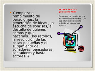 PRIMER PASO::::: Que es una RED? Estructura de relaciones que establecen los maestros…..lo cual implica que en este instante ya estábamos tejiendo…… Y empieza el rompimiento de paradigmas, la generación de ideas , la escucha de sonrisas, el destello de quienes somos y que hacemos….los retoños, la revolución de las cosas pequeñas y el surgimiento de soñadores, pensadores, cantadores y hasta actores¡¡¡ 