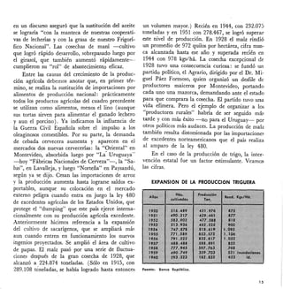 en un discurso aseguró que la sustitución del aceite
se lograría "con la manteca de nuestras cooperati-
vas de lecherías y con la grasa de nuestro Frigorí-
fico Nacional". Las cosechas de maní -cultivo
que logró rápido desarrollo, sobrepasado luego por
el girasol, que también aumentó rápidamente--
cumplieron su "rol" de abastecimiento eficaz.
Entre las causas del crecimiento de la produc-
ción agrícola debemos anotar que, en primer tér-
mino, se realiza la sustitución de importaciones por
alimentos de producción nacional: prácticamente
todos los productos agrícolas del cuadro precedente
se utilizan como alimentos, menos el lino (aunque
sus tortas sirven para alimentar el ganado lechero
y aun el porcino). Ya indicamos la influencia de
la Guerra Civil Española sobre el impulso a los
oleaginosos comestibles. Por su parte, la demanda
de cebada cervecera aumenta y aparecen en el
mercados dos nuevas cervecerías: la "Oriental" en
Montevideo, absorbida luego por "La' Uruguaya"
-hoy "Fábricas Nacionales de Cerveza"-, la "Sa-
lus", en Laval1eja, y luego "Norteña" en Paysandú,
según ya se dijo. Cesan las importaciones de arroz
y la producción aumenta hasta lograrse saldos ex-
portables, aunque su colocación en el mercado
externo peligra cuando entra en juego la ley 480
de excedentes agrícolas de los Estados Unidos, que
protege el "dumping" que este país ejerce interna-
cionalmente con su producción agrícola excedente,
Anteriormente hicimos referencia a la expansión
del cultivo de sacarígenos, que se ampliará má,
aun cuando entren en funcionamiento los nuevos
ingenios proyectados. Se amplió el área de cultivo
de papas. El maíz pasó por una serie de fluctua-
ciones después de la gran cosecha de 1928, que
alcanzó a 224.874 toneladas. (Sólo en 1915, con
289.108 toneladas, se había logrado hasta entonces
un volumen mayor.) Recién en 1944, con 232.075
toneladas y en 1951 con 278.467, se logró superar
este nivel de producción. En 1928 el maíz rindió
un promedio de 972 quilas por hectárea, cifra nun-
ca alcanzada hasta ese año y superada redén en
1944 con 978 kgs/há. La cosecha excepcional de
1928 tuvo una consecuencia curiosa: se fundó un
partido político, el Agrario, dirigido por el Dr. Mi-
guel Páez Formoso, quien organizó un desfile de
productores maiceros por Montevideo, portando
cada uno una mazorca, demandando ante el estado
para que comprara la cosecha. El partido tuvo una
vida efímera. Pero el ejemplo de organizar a los
"productores rurales" habría de ser seguido má,
tarde y con más éxito -no para el Uruguay- por
otros políticos más audaces. La producción de maíz
también resulta distorsionada por las importaciones
de excedentes norteamericanos que el país realiza
al amparo de la ley 480.
En el caso de la producción de trigo, la inter-
vención estatal fue un factor estimulante. Veamos
las cifras.
EXPANSiÓN DE LA PRODUCCiÓN TRIGUERA
Fuente: Banco República.
15
 