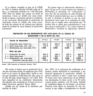 Si se hubiese cumplido el plan de la CIDE,
en 1967 se habrían obtenido 813.000 miles de li-
tros, y se esperarían alrededor de 1: 067.800 para
1974. Para eso habría que ajustar los stocks de
vacas-masa (vacas en ordeñe más vacas secas).
Si ello se lograra, aumentaría además el rendimien-
to por vaca-masa, disminuyendo la proporción de
va<:as-masa (vacas en ordeñe más vacas secas).
de leche por animal, de tal volumen que disminu-
yendo la cantidad de vacas lecheras la producción
aumentaría.
En primer lugar la alimentación deficiente, a
pesar de que en la cuenca lechera que abastece a
Montevideo el porcentaje de "concentrado" es
muy alto. En los momentos de crisis forrajera no
sólo baja la productividad por vaca en ordeñe, si-
no que se prolonga el período en que las vacas
permanecen secas, pues no se presentan los celos.
Ocurre que se emplea tanto concentrado que "la
pradera sólo se utiliza para mantenim:ento y muy
poco para la producción" ("La cuenca lechera de
Montevideo", Facultad de Agronomía, Montevi-
PROYECCIÓN DE LOS RENDIMIENTOS POR VACA-MASA EN LA CUENCA DE
MONTEVIDEO Y EN EL RESTO DEL PAfS
Cuenca de MonteVideo
Producción leche (miles Its.)
- Stock vacas-masa (mil. cab.)
- Rendimientos por vaca-masa (lts.)
Resto del país
Fuente: CIDE, Programa de Producción Pecuaria, 1966.
.0
143.0
1,485
1967
280.0
140.1
2,000
538.3
390.1
1,380
818.3
1970
310.0
126.5
2,450
587.2
317.4
1,850
897.0
Del cuadro se deduce que la producción de le-
che por vaca-masa habría de duplicarse para 1974,
tanto en la cuenca de Montevideo, donde se esti-
ma que alcanzará a 2.900 litros por año, como en
el resto del país, donde llegaría a los 2.400. Pero
todo dependerá de las condiciones alimentarias.
¿Se lograrán estos resultados en el marco de las ac-
tuales estructuras agrarias? Parece difícil.
¿Cuáles son las causas de la deficiente pro-
ducción de leche?
deo, 1968). Si se mejoraran las condiciones de la
pradera, podría disminuirse el concentrado, y au-
mentaría igualmente la producción. Además, la
primera parición se hace a edad muy avanzada,
39 meses, pues como consecuencia de las deficien-
cias alimentarias el entore ocurre a los 30 meses,
cuando podría realizarse a los 20 meses. Además,
las vaquillonas llegan en mal estado a la parición.
Nuestras vacas tienen un promedio de tres lac-
tancias, lo que obliga a re(:mplazar1as en elevado
37
 