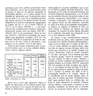 ·porcentaje, pero bien podrían proporcionar hasta
cinco lactancias, con lo que se aprovecharía mejor
al animal. A pesar de los defectos apuntados, la
Universidad establece, en el citado estudio de la
Facultad de Agronomía, que "la producción nacio-
nal de leche es la rama de la actividad pecuaria
que más ha crecido en los últimos 30 años. Su par-
ticipación en el total de la producción agropecuaria
ha pasado del 6,9 % en el trienio 1935/37 al
17,3 % en el trienio 1962/64. ( ... ) La evolu-
ción ha sido constantemente creciente, siendo par-
ticularmente notable entre los trienios 1947/49 Y
1953/55 (87,4 % de crecimiento). Entre los trie-
nios 1953j55 y 1962/64 el crecimiento fue menos
rápido, pero igualmente constante (31,8 %). En
el trienio 1962/64 la producción de leche se com-
para con la de lana (18,8 % del sector) y fue
superior a la de cereales (13,7 % del sector)."
Tiene el país buenas condiciones para la pro-
ducción lechera, pero no se han utilizado debida-
mente. Veamos algunos índices:
Fuente; Universidad, ap. citada.
Entre tanto, acurre algo alarmante. Según el
estudio de Agronomía, en los últimos quince años
"hay un descenso en el consumo de leche por ha-
bitante en MOhtevideo". Importa establecer que la
38
leche gozaba de un precio subsidiado y que a par-
tir de 1963 la política del Poder Ejecutivo, "com-
prometida en las cartas de intencióI). firmadas con
el Fondo Monetario Internacional, es la de elimi-
nar los subsidios directos. Los precios reales al con-
sumidor aumentaron bruscamente y el consumo
comienza a descender". Los consumidores de me-
nos ingresos fueron los más afectados; descendió
la venta de la leche en los expendios municipales y
se dejaron de adquirir 10 millones de litros de
leche cuando se redujeron las tarjetas que éstos
otorgaban. El consumo de leche líquida descendió
en la población abastecida por Conaprole en un
3,5 % por habitante desde 1962.
Lo curioso es que correlativamente seguimos
recibiendo leche en polvo, como "generosa ayuda
del pueblo de los Estados Unidos de Norteamérica",
según rezan las bolsas que se reciben de EE. UD.
Y de las cuales obtienen su sustento diario, algu-
nos días, en algunos rincones del país, niños cam-
pesinos que concurren a la escuela (cuando con-
curren). Producimos "leche en exceso", Conapro-
le "no sabe" qué hacer con la manteca que tiene
en cámaras, porque "carece de mercado" y tene-
mos que repartir la leche en polvo "donada" y
recibida en nuestra condición de mendicantes. Los
Estados Unidos, en el trienio 1955/57, exportaron
300 mil toneladas de leche en polvo, que equiva-.
len a 3 mil millones de litros de leche. Y el 90 o/r
de las exportaciones se produjo en forma de dona-
ción o "ayuda" al exterior. En 1964, el 40 re
correspondió también a la "ayuda". Aparte de
la humillación que tal ayuda significa ·para un
país como el nuestro, que tiene "condiciones natu-
rales" par~ producir leche, es evidente que esa
leche en polvo distorsiona el mercado. Uruguay
exporta caseína, a veces queso y manteca, en muy
pequeñas cantidades. Es notorio que el mercado
externo de' productos lácteos está en expansión.
 