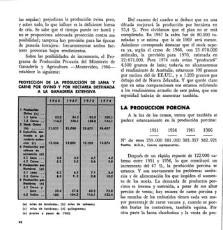 LA PRODUCelON PORCINA
N9 de reses 259.000 381.000 383.357 382.921
FlIente: M.G.A., Censos ogropeeuorios.
A la luz de los censos, vemos que también se
padece estancamiento en la producción porcina:
1966196119561951
De} examen del cuadro se deduce que en una
década mejorará la producción por hectárea en
33,4 %' Pero olvidamos que el plan no se está
cumpliendo. En 196,7 la zafra fue de 80.000 to-
neladas y se estima que la de 1969 será menor.
Asimismo corresponde destacar que el stock supe-
ra ya, según el censo de 1966, con 23: 078.000
animales, la previsión para 1970, estimada en
22:671.000. Para 1974 cada ovino "producirá"
4.500 gramos de laria; todavía no alcanzaremos
el rendimiento de Australia, estaremos 100 gramos
por encima del de EE.UU., y a 1.200 gramos por
debajo del de Nueva Zelandia. Y que quede claro
que en estas comparaciones nos estamos refiriendo
a los rendimientos actuales de esos países, que con
seguridad habrán de aumentar también.
Después de un rápido repunte de 122.000 ca-
bezas entre 1951 y 1956, lo que constituyó un
incremento del 47 %, la producción porcina se
estanca. Y son nuevamente los problemas sanita-
rios y de alimentación los que impiden el aumen-
to de los stocks. La demanda de productos por-
cinos es intensa y sostenida, a pesar de sus altOS'
precios de venta; hay escasez de carne porcina y
las mezclas de los embutidos tienen cada vez ma-
yor porcentaje de carne vacuna y, cuando se pue-
den burlar los .contralores, también equina. Por
otra parte la faena clandestina y la venta de pro-
(01 miles de toneJados; (b) miles de eobezos;
(e) miles de heetáreos; (d) quilogromos;
le) precios a pesos de 1963.
las sequías) perjudican la producción ovina pero,
y sobre todo, lo que influye es la deficiente forma
de cría. Se sabe que el tiempo puede ser hostil y
no se proporciona adecuada protección contra esa
pOsibilidad; tampoco hay previsión para las épocas
de penuria forrajera: frecuentemente ambos fac-
tores provocan bajos rendimientos.
Sobre las posibilidades de incremento, el Pro-
grama de Producción Pecuaria del Ministerio de
Ganadería y Agricultura -Montevideo, 1966-
establece losiguiente:
PROYECCióN DE LA PRODUCCiÓN DE LANA Y
CARNE POR OVINO Y POR HECTAREA DESTINADA
A LA GANADERIA.EXTENSIVA
42
 