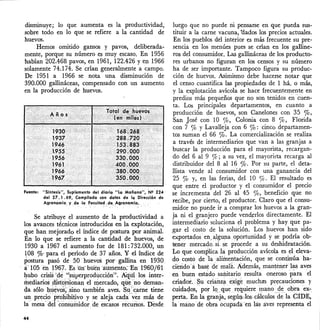 disminuye; lo que aumenta es la productividad,
sobre todo en lo que se refiere a la cantidad de
huevos.
Hemos omitido gansos y pavos, deliberada-
mente, porque su número es muy escaso. En 1956
habían 202.468 pavos, en 1961, 122.426 y en 1966
solamente 74.174. Se crían generalmente a campo.
De 1951 a 1966 se nota una disminución de
390.000 gallináceas, compensado con un aumento
en la producción de huevos.
Fuente: "Síntesis", Suplemento del diario "La Mañana", N9 224
del 27. 1 .69. Compilado con datos de la Dirección de
Agronomia., y.de ,la facultad.dec:Agranomia.
Se atribuye el aumento de· la productividad a
los avances técnicos introducidos en la explotación,
que han mejorado el índice de postura por animal.
En lo que se refiere a la cantidad de huevos, de
1930 a 1967 el aumento fue de 181: 732.000, un
08 %' para el período de 37 años. Y el índice de
postura pasó de ·50 huevos por'gallina en 1930
. ,r IüS eill967. Es Úlfbm~ri·áUni.entó:·.En 1960/6-1
q.ubo crisiS'~de;.'~sriperproducción". Aquí los inter-
mediarios.djsti?rsionan el ~ercado, qú~'no deman~
¡Ja sólo ~u~vos;'sino también aves. Su 'carne tiene
un prec.io .·p!'o~ibitivo y se aleja cada"vez más de
la mesa del consumidor de escasos recursos. Desde
44
luego que no puede ni pensarse en que pueda sus-
tituir a la carne vacuna, 'dados los precios actuales.
En los pueblos del interior es más frecuente su pre-
sencia en los menúes pues se crían en los galline-
ros del consumidor. Las gallináceas de los producto-
res urbanos no figuran en los censos y su número
ha de ser importante. Tampoco figura su produc-
ción de huevos. Asimismo debe hacerse notar que
el censo cuantifica las propiedades de 1 há. o más,
y la explotación avícola se hace frecuentemente en
predios más pequeños que no son tenidos en cuen-
ta. Los principales departamentos, en cuanto a
producción de huevos, son Canelones con 35 0/0,
San José con 10 %, Colonia con 8 %, Florida
con 7 % y Lavalleja con 6 0/0: cinco departamen-
tos suman el 66 %' La comercialización se realiza
a través de intermedIarios que van a las granjas a
buscar la producción para el mayorista, recargan-
do del 6 al 9 %; a su vez, el mayorista recarga al
distribuidor del S al 16 0/0. Por su parte, el deta-
llista vende al consumidor con una ganancia del
25 % y, en las ferias, del 10 0/6, El resultado es
que entre el productor y el consumidor el precio
se incrementa del 26 al 45 0/0, beneficio que no
recibe, por cierto, el productor. Claro que el consu-
midor no puede ir a comprar los huevos a la gran-
ja ni el granjero puede vendtrlos directamente. El
intermediario soluciona el problema y hay que pa-
gar el costo de la solución. Los huevos han sido
exp()rtadosen, alguna oportunidad y se podría ob-
tener mercado. si. se procede a su deshidratación.
Lo que complica la producción avícola es el eleva-
do costo delaaliinentación, que se continúa ha-
cierido'a basé de maE~. Además, mantenerl~ aves
en buen estado sahita.rio ~esulta oneroso para el
cri(),dor.. ~u criiUlza. exige. muchas precauci()nes y
éuidac;ios, .p()r.19..,que requiere.. Inano..~l? obra ex-
perta. Enla granja, segú~,}os,cá1culos de la.CIDE,
la mano de obra ocupada: 'eri las aves representa el
 