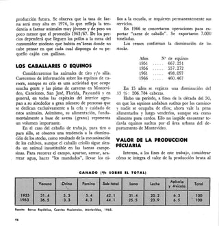producción futura. Se observa que la tasa de. fae-
na será muy alta en 1974, 10 que refleja la ten-
dencia a faenar animales muy jóvenes y de peso un
poco menor que el promedio 1963/67. De los pre-
cios dependerá que lleguen los pollos a la mesa del
consumidor modesto que habita en-áreas donde no
cabe pensar en que cada cual disponga de su pe-
queño cajón con gallinas.
LOS CABALLARES O EQUINOS
Consideraremos los animales de tiro y/o silla.
Carecemos de información sobre los equinos de ca-
rrera, aunque su cría es umi. actividad que ocup"
mucha gente ylas pistas de carreras en Montevi-
deo, Canelones, San José, Florida, Paysandú y en
general, en todas las capitales del interior agru-
pan a su alrededor a gran número de personas que
se dedican exclusivamente a la cría y cuidado de
estos animales. Asimismo, su alimentación, funda-
mentalmente a base de avena (grano) representa
un volumen importante.
En el caso del caballo de trabajo, para tiro o
para silla, se observa una tendencia a la disminu-
ción de los stocks, como resultado de la mecanización
de los cultivos, aunque el caballo criollo sigue sien-
do un animal insustituible en las faenas campe-
sinas. Para recorrer el campo, apartar, arrear, aca-
rrear agua, hacer "los mandados", llevar los ni-
ños a la escuela, se requieren permanentemente sus
servicios.
En 1966 se concertaron operaciones para ex-
portar "carne de caballo". Se exportaron 7.000
toneladas.
Los censos confirman la disminución de los
stocks.
Años NV de equinos
1951 667.251
1956 557.272
1961 498.097
1966 460.467
En 15 años se registra una disminución del
330/0: 206.784 cabezas.
Hubo un período, a fines de la década del 50,
en que los equinos andaban sueltos por los caminos
y nadie se ocupaba de ellos; ahora vale la pena
alimentarlos y luego venderlos, aunque sea como
alimento para cerdos. Ello no impide encontrar to-
davía equinos sueltos por el área urbana del de-
partamento de Montevideo.
VALOR DE LA PRODUCCION
PECUARIA
Interesa, a los fines de este trabajo, considerar
cómo se integra el valor de la producción bruta al
GANADO (O¡oSOBRE EL TOTAL)
Fuente: Banco República, Cuentas Nacionales. Montevideo, 1965.
46
 