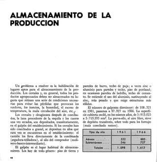 ALMACENAMIENTO DE LA
PRODUCCION
Un .problema a resolver es la habilitación de
lugares ..aptos para el almacenamiento de la pro-
ducción. Los cereales y, en general, todos los pro-
ductos agropecuarios deben ser almacenados en lu-
gares que reúnan una serie de condiciones necesa-
rias para evitarl<is.pérdidas ..•que provocan los
roedores, los insectos, la hume1ad, .el exceso de
temperatura, la mala circulación del aire, etc. r
Los cereales y oleaginosos después de cosec'ha-
dos, la lana procedente de la esquila y los cueros
una vez secados, son depositados, transitoriamente,
en el galpón del establecimiento. Si los cereales han
sido cosechados a granel, se depositan en silos que
iáiaJ<vezseencuentran. en el establecimiento:.· el
caITIi6nlos lleva directamente de· la combinada
(§~a.clq~a...t@a.dora), al silo del comprador (moli·
neraT~a.n~l:>-intermediari°).
El galpón es•. el .••lugar habitual. de almacena..
rñiento;I,os hay de todo género: piso de tierra y
48
paredes de barro, techo. de paja; a veces zinc o
aluminio para paredes· y techo, piso de portland;
en ocasiones paredes de ladrillo, techo de' cemen-
to.Se extiende eLuso del aluminio, sustituyendo al
zinc, más pesado y que exige estructuras más
sólidas.
El número de galpones disminuye: de 108.321
eni1961, pasaníosa97.927 en 1966. La superfi-
ciecubierta osciló, en los rñismosaños, de 5: 913.025
a 5: 719.393 mts2
• La parva-silo, al aire libre, sirve
de depósito transitorio, sobre todo para los forrajes
(maíz cosechado entero).
 
