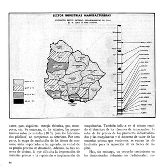 SfttOR INDUSTRIAS MANUFACTURERAS
PRODUCTO BRUTO INTERNO OEPARTAMENTAL DE 1961.
En % sobre" el lolal" secforial.
_ _ _ _ _ _NONTEVIOEO,
~"'l"'02'1'
_"'2'1'0'.'1'
" _ ..........1.
carne, pan, alquileres, energía eléctrica, gas, trans-
porte, etc. Se estancan, sí, los salarios; las peque-
ñísimas subas permitidas (10 % para los fúnciona-
rios públicos) no compensan su deterioro. Por otra
parte, la etapa de sustitución de los bienes de con-
sumo antes importados se ha agotado, en virtud de
su propio proceso de desarrollo. Además, no hay re-
serva de divisas, lo que dificulta la importación de
materias primas y la 'reposición o implantación de
60
maquinarias. También" influye en el mismo senti-
do el deterioro de los términos de intercambio: la
suba de los precios de los productos industrializa-
dos y las maquinarias y el descenso de valor de las
materias primas que vendemos; se suman las di-
ficultades para la reposición de los bienes de ca-
pital.
Hay, sin embargo, un pequeño crecimiento en
las denominadas industrias no tradicionales: cu-
 