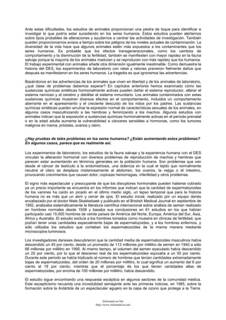 Ante estas dificultades, los estudios de animales proporcionan una piedra de toque para identificar e
investigar lo que podría estar sucediendo en los seres humanos. Estos estudios pueden alertarnos
sobre tipos probables de alteraciones y ayudarnos a centrar las actividades de investigación. También
pueden proporcionarnos avisos a tiempo sobre los peligros de los niveles actuales de contaminación. La
diversidad de la vida hace que algunos animales estén más expuestos a los contaminantes que los
seres humanos. Es probable que los efectos transgeneracionales, como los cambios de
comportamiento y la disminución de la fertilidad, también se manifiesten con mayor rapidez en la fauna
salvaje porque la mayoría de los animales maduran y se reproducen con más rapidez que los humanos.
El trabajo experimental con animales añade otra dimensión igualmente inestimable. Como demuestra la
historia del DES, los experimentos de laboratorio con ratas y ratones previeron fielmente daños que
después se manifestaron en los seres humanos. La tragedia es que ignoramos las advertencias.
Basándonos en las advertencias de los animales que viven en libertad y de los animales de laboratorio,
¿qué clase de problemas debemos esperar? En capítulos anteriores hemos examinado cómo las
sustancias químicas sintéticas hormonalmente activas pueden dañar el sistema reproductor, alterar el
sistema nervioso y el cerebro y debilitar el sistema inmunitario. Los animales contaminados con estas
sustancias químicas muestran diversos efectos en el comportamiento, incluidos un comportamiento
aberrante en el apareamiento y el creciente descuido de los nidos por los padres. Las sustancias
químicas sintéticas pueden arruinar la expresión normal de características sexuales de los animales, en
algunos casos masculinizando a las hembras y feminizando a los machos. Algunos estudios con
animales indican que la exposición a sustancias químicas hormonalmente activas en el período prenatal
o en la edad adulta aumenta la vulnerabilidad a cánceres sensibles a hormonas, como los tumores
malignos en mama, próstata, ovarios y útero.
¿Hay pruebas de tales problemas en los seres humanos? ¿Están aumentando estos problemas?
En algunos casos, parece que es realmente así.
Los experimentos de laboratorio, los estudios de la fauna salvaje y la experiencia humana con el DES
vinculan la alteración hormonal con diversos problemas de reproducción de machos y hembras que
parecen estar aumentando en términos generales en la población humana. Son problemas que van
desde el cáncer de testículo a la endometriosis, una dolencia en la cual el tejido que normalmente
recubre el útero se desplaza misteriosamente al abdomen, los ovarios, la vejiga o el intestino,
provocando crecimientos que causan dolor, copiosas hemorragias, infertilidad y otros problemas.
El signo más espectacular y preocupante de que los disruptores hormonales pueden haberse cobrado
ya un precio importante se encuentra en los informes que indican que la cantidad de espermatozoides
de los varones ha caído en picado en el último medio siglo, un lapso temporal que para la historia
humana no es más que un abrir y cerrar de ojos. El estudio inicial, realizado por un equipo danés
encabezado por el doctor Niels Skakkebaek y publicado en el Bristish Medical Journal en septiembre de
1992, analizaba sistemáticamente la literatura científica internacional sobre análisis de semen realizado
en hombres normales desde 1938 y basaba sus conclusiones en 61 estudios en los que habían
participado casi 15.000 hombres de veinte países de América del Norte, Europa, América del Sur, Asia,
África y Australia. El estudio excluía a los hombres tomados como muestra en clínicas de fertilidad, que
podían tener unas cantidades especialmente bajas de espermatozoides, y a los hombres enfermos, y
sólo utilizaba los estudios que contaban los espermatozoides de la misma manera mediante
microscopios luminosos.
Los investigadores daneses descubrieron que la cantidad media de espermatozoides masculinos había
descendido un 45 por ciento, desde un promedio de 113 millones por mililitro de semen en 1940 a sólo
66 millones por mililitro en 1990. Al mismo tiempo, el volumen del semen eyaculado había descendido
un 25 por ciento, por lo que el descenso real de los espermatozoides equivalía a un 50 por ciento.
Durante este periodo se había triplicado el número de hombres que tenían cantidades extremadamente
bajas de espermatozoides, del orden de 20 millones por mililitro, lo cual significa un aumento del 6 por
ciento al 18 por ciento, mientras que el porcentaje de los que tienen cantidades altas de
espermatozoides, por encima de 100 millones por mililitro, había descendido.
El estudio sigue encontrando una respuesta escéptica en algunos sectores de la comunidad médica.
Este escepticismo recuerda una incredulidad semejante ante las primeras noticias, en 1985, sobre la
formación sobre la Antártida de un espectacular agujero en la capa de ozono que protege a la Tierra.
Informativos.Net
http://www.informativos.net
 