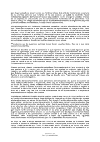 para llegar hasta allí, se alinean hombro con hombro a lo largo de la orilla del río intentando pescar uno
de los enormes salmones que remontan el río para desovar. La ciudad ha construido incluso
instalaciones especiales de limpieza en las que los pescadores pueden encargar el vaciado y limpieza
de sus capturas por una pequeña tasa. En conversaciones mantenidas con los pescadores y sus
esposas, Daly y sus colegas se enteraron de que muchas familias llenaban sus congeladores de peces
y comían cantidades importantes de pescado durante todo el invierno.
Varios investigadores de la universidad comenzaron a alimentar a las ratas de laboratorio con peces del
lago Ontario para comprobar si esta dieta las afectaba de alguna manera. Un colega de Daly, David
Hertzler, encontró signos de cambios de comportamiento en ratas al cabo de 20 días de administrarles
una dieta con un 30 por ciento de salmón. Cuando se les sometió a una prueba estándar, las ratas
mostraron un descenso de la actividad. El hallazgo era intrigante, pues al ser muchos los factores que
pueden causar el descenso de la actividad, no se obtenían grandes pistas sobre el modo en que la
contaminación afectaba a los animales. Daly emprendió entonces una serie de experimentos de
aprendizaje para tratar de descubrir por qué las ratas eran menos activas.
"Pensábamos que las sustancias químicas tóxicas debían volverlas idiotas. Eso era lo que cabía
esperar", recuerda Daly.
Pero lo que descubrió era todo lo contrario de lo que esperaba. No había prueba alguna de graves
déficits de aprendizaje, pero había un cambio espectacular en su comportamiento. En los años
transcurridos desde que se efectuó este estudio, Daly ha realizado una serie de experimentos distintos
en un intento de concretar y caracterizar la naturaleza de este cambio. Todos los estudios comparan el
comportamiento de las ratas alimentadas con salmón del lago Ontario con el de ratas alimentadas con
salmón del océano Pacífico, que contiene niveles muy inferiores de contaminación, o con un segundo
grupo de control al que no se le administra salmón. Una y otra vez, Daly ha constatado una pauta
consistente en los resultados.
Los dos grupos de ratas no muestran diferencia alguna de comportamiento en tanto en cuanto la vida
sea agradable y sin incidentes, pero en cuanto tienen que vérselas con cualquier clase de hecho
negativo, son visibles grandes diferencias. En todos los casos, las ratas que han comido salmón del
lago Ontario muestran una reacción mucho mayor que las que se han alimentado con salmón del
Pacífico o con comida especial para ratas. Daly las describe como "hiper-reactivas" incluso ante
situaciones levemente negativas.
Si los efectos de los contaminantes sobre los humanos son semejantes a los que se observan en las
ratas, "toda pequeña tensión se magnificará", afirma Daly. La investigadora piensa que algunos niños
del estudio de Joseph y Sandra Jacobson mostraban reacciones semejantes a las que ella ha visto en
las ratas. Cuando se sometió a prueba a los niños a la edad de 4 años, 17 de ellos se negaron a
cooperar en al menos una prueba, todos ellos hijos de las madres que tenían los niveles más altos de
PCBs en la leche. Daly cree que se trata probablemente de una sobrerreacción a la experiencia
levemente frustrante de pasar tales pruebas.
Los hallazgos de Daly son insólitos en otros aspectos, pues vio este cambio de comportamiento no sólo
en los ejemplares expuestos durante fases decisivas del desarrollo en el útero, sino también en ratas
adultas alimentadas con salmón del lago Ontario. Daly descubrió también tales cambios en las crías de
estos adultos y asimismo en la segunda generación. Al estudiar estos efectos transgeneracionales, Daly
alimentó con peces únicamente a las abuelas antes y durante sus embarazos y mientras amamantaban
a sus crías. Las crías recibieron los contaminantes únicamente a través de la placenta y la leche de la
madre. Daly no alimentó a ninguna de las crías hembras con peces en ningún momento de su vida,
pero siguió viendo cambios de comportamiento en las crías que producían. Los estudios de Daly
sugieren que los contaminantes tomados por una madre pueden tener de alguna manera unos efectos
que se extiendan a dos generaciones y afecten también a los nietos además de a los retoños
inmediatos. Otros investigadores comienzan a repetir los experimentos de Daly, siguiendo
meticulosamente los mismos procedimientos para ver si obtienen los mismos resultados.
En mayo de 1995, el equipo Oswego dio a conocer los resultados iniciales de su estudio sobre
humanos, e informó de diferencias de comportamiento y neurológicas en los hijos de mujeres que
habían comido peces del lago Ontario. En este nuevo estudio, los niños y las madres que habían
comido cantidades sorprendentemente moderadas de peces del lago Ontario --el equivalente a un
Informativos.Net
http://www.informativos.net
 