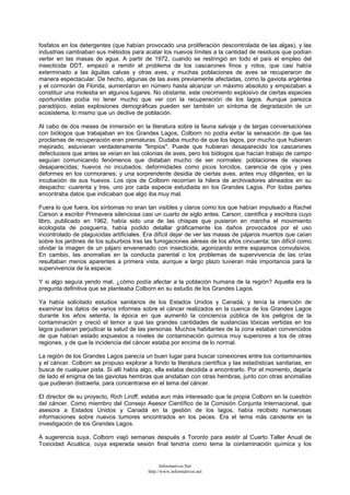 fosfatos en los detergentes (que habían provocado una proliferación descontrolada de las algas), y las
industrias cambiaban sus métodos para acatar los nuevos límites a la cantidad de residuos que podían
verter en las masas de agua. A partir de 1972, cuando se restringió en todo el país el empleo del
insecticida DDT, empezó a remitir el problema de los cascarones finos y rotos, que casi había
exterminado a las águilas calvas y otras aves, y muchas poblaciones de aves se recuperaron de
manera espectacular. De hecho, algunas de las aves previamente afectadas, como la gaviota argéntea
y el cormorán de Florida, aumentaron en número hasta alcanzar un máximo absoluto y empezaban a
constituir una molestia en algunos lugares. No obstante, este crecimiento explosivo de ciertas especies
oportunistas podía no tener mucho que ver con la recuperación de los lagos. Aunque parezca
paradójico, estas explosiones demográficas pueden ser también un síntoma de degradación de un
ecosistema, lo mismo que un declive de población.
Al cabo de dos meses de inmersión en la literatura sobre la fauna salvaje y de largas conversaciones
con biólogos que trabajaban en los Grandes Lagos, Colborn no podía evitar la sensación de que las
proclamas de recuperación eran prematuras. Dudaba mucho de que los lagos, por mucho que hubieran
mejorado, estuvieran verdaderamente "limpios". Puede que hubieran desaparecido los cascarones
defectuosos que antes se veían en las colonias de aves, pero los biólogos que hacían trabajo de campo
seguían comunicando fenómenos que distaban mucho de ser normales: poblaciones de visones
desaparecidas; huevos no incubados; deformidades como picos torcidos, carencia de ojos y pies
deformes en los cormoranes; y una sorprendente desidia de ciertas aves, antes muy diligentes, en la
incubación de sus huevos. Los ojos de Colborn recorrían la hilera de archivadores alineados en su
despacho: cuarenta y tres, uno por cada especie estudiada en los Grandes Lagos. Por todas partes
encontraba datos que indicaban que algo iba muy mal.
Fuera lo que fuera, los síntomas no eran tan visibles y claros como los que habían impulsado a Rachel
Carson a escribir Primavera silenciosa casi un cuarto de siglo antes. Carson, científica y escritora cuyo
libro, publicado en 1962, había sido una de las chispas que pusieron en marcha el movimiento
ecologista de posguerra, había podido detallar gráficamente los daños provocados por el uso
incontrolado de plaguicidas artificiales. Era difícil dejar de ver las masas de pájaros muertos que caían
sobre los jardines de los suburbios tras las fumigaciones aéreas de los años cincuenta; tan difícil como
olvidar la imagen de un pájaro envenenado con insecticida, agonizando entre espasmos convulsivos.
En cambio, las anomalías en la conducta parental o los problemas de supervivencia de las crías
resultaban menos aparentes a primera vista, aunque a largo plazo tuvieran más importancia para la
supervivencia de la especie.
Y si algo seguía yendo mal, ¿cómo podía afectar a la población humana de la región? Aquella era la
pregunta definitiva que se planteaba Colborn en su estudio de los Grandes Lagos.
Ya había solicitado estudios sanitarios de los Estados Unidos y Canadá, y tenía la intención de
examinar los datos de varios informes sobre el cáncer realizados en la cuenca de los Grandes Lagos
durante los años setenta, la época en que aumentó la conciencia pública de los peligros de la
contaminación y creció el temor a que las grandes cantidades de sustancias tóxicas vertidas en los
lagos pudieran perjudicar la salud de las personas. Muchos habitantes de la zona estaban convencidos
de que habían estado expuestos a niveles de contaminación química muy superiores a los de otras
regiones, y de que la incidencia del cáncer estaba por encima de lo normal.
La región de los Grandes Lagos parecía un buen lugar para buscar conexiones entre los contaminantes
y el cáncer. Colborn se propuso explorar a fondo la literatura científica y las estadísticas sanitarias, en
busca de cualquier pista. Si allí había algo, ella estaba decidida a encontrarlo. Por el momento, dejaría
de lado el enigma de las gaviotas hembras que anidaban con otras hembras, junto con otras anomalías
que pudieran distraerla, para concentrarse en el tema del cáncer.
El director de su proyecto, Rich Liroff, estaba aun más interesado que la propia Colborn en la cuestión
del cáncer. Como miembro del Consejo Asesor Científico de la Comisión Conjunta Internacional, que
asesora a Estados Unidos y Canadá en la gestión de los lagos, había recibido numerosas
informaciones sobre nuevos tumores encontrados en los peces. Era el tema más candente en la
investigación de los Grandes Lagos.
A sugerencia suya, Colborn viajó semanas después a Toronto para asistir al Cuarto Taller Anual de
Toxicidad Acuática, cuya esperada sesión final tendría como tema la contaminación química y los
Informativos.Net
http://www.informativos.net
 
