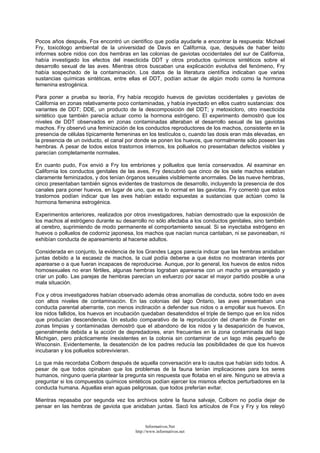 Pocos años después, Fox encontró un científico que podía ayudarle a encontrar la respuesta: Michael
Fry, toxicólogo ambiental de la universidad de Davis en California, que, después de haber leído
informes sobre nidos con dos hembras en las colonias de gaviotas occidentales del sur de California,
había investigado los efectos del insecticida DDT y otros productos químicos sintéticos sobre el
desarrollo sexual de las aves. Mientras otros buscaban una explicación evolutiva del fenómeno, Fry
había sospechado de la contaminación. Los datos de la literatura científica indicaban que varias
sustancias químicas sintéticas, entre ellas el DDT, podían actuar de algún modo como la hormona
femenina estrogénica.
Para poner a prueba su teoría, Fry había recogido huevos de gaviotas occidentales y gaviotas de
California en zonas relativamente poco contaminadas, y había inyectado en ellos cuatro sustancias: dos
variantes de DDT; DDE, un producto de la descomposición del DDT; y metoxicloro, otro insecticida
sintético que también parecía actuar como la hormona estrógeno. El experimento demostró que los
niveles de DDT observados en zonas contaminadas alteraban el desarrollo sexual de las gaviotas
machos. Fry observó una feminización de los conductos reproductores de los machos, consistente en la
presencia de células típicamente femeninas en los testículos o, cuando las dosis eran más elevadas, en
la presencia de un oviducto, el canal por donde se ponen los huevos, que normalmente sólo poseen las
hembras. A pesar de todos estos trastornos internos, los polluelos no presentaban defectos visibles y
parecían completamente normales.
En cuanto pudo, Fox envió a Fry los embriones y polluelos que tenía conservados. Al examinar en
California los conductos genitales de las aves, Fry descubrió que cinco de los siete machos estaban
claramente feminizados, y dos tenían órganos sexuales visiblemente anormales. De las nueve hembras,
cinco presentaban también signos evidentes de trastornos de desarrollo, incluyendo la presencia de dos
canales para poner huevos, en lugar de uno, que es lo normal en las gaviotas. Fry comentó que estos
trastornos podían indicar que las aves habían estado expuestas a sustancias que actúan como la
hormona femenina estrogénica.
Experimentos anteriores, realizados por otros investigadores, habían demostrado que la exposición de
los machos al estrógeno durante su desarrollo no sólo afectaba a los conductos genitales, sino también
al cerebro, suprimiendo de modo permanente el comportamiento sexual. Si se inyectaba estrógeno en
huevos o polluelos de codorniz japonesa, los machos que nacían nunca cantaban, ni se pavoneaban, ni
exhibían conducta de apareamiento al hacerse adultos.
Considerada en conjunto, la evidencia de los Grandes Lagos parecía indicar que las hembras anidaban
juntas debido a la escasez de machos, la cual podía deberse a que éstos no mostraran interés por
aparearse o a que fueran incapaces de reproducirse. Aunque, por lo general, los huevos de estos nidos
homosexuales no eran fértiles, algunas hembras lograban aparearse con un macho ya emparejado y
criar un pollo. Las parejas de hembras parecían un esfuerzo por sacar el mayor partido posible a una
mala situación.
Fox y otros investigadores habían observado además otras anomalías de conducta, sobre todo en aves
con altos niveles de contaminación. En las colonias del lago Ontario, las aves presentaban una
conducta parental aberrante, con menos inclinación a defender sus nidos o a empollar sus huevos. En
los nidos fallidos, los huevos en incubación quedaban desatendidos el triple de tiempo que en los nidos
que producían descendencia. Un estudio comparativo de la reproducción del charrán de Forster en
zonas limpias y contaminadas demostró que el abandono de los nidos y la desaparición de huevos,
generalmente debida a la acción de depredadores, eran frecuentes en la zona contaminada del lago
Michigan, pero prácticamente inexistentes en la colonia sin contaminar de un lago más pequeño de
Wisconsin. Evidentemente, la desatención de los padres reducía las posibilidades de que los huevos
incubaran y los polluelos sobrevivieran.
Lo que más recordaba Colborn después de aquella conversación era lo cautos que habían sido todos. A
pesar de que todos opinaban que los problemas de la fauna tenían implicaciones para los seres
humanos, ninguno quería plantear la pregunta sin respuesta que flotaba en el aire. Ninguno se atrevía a
preguntar si los compuestos químicos sintéticos podían ejercer los mismos efectos perturbadores en la
conducta humana. Aquellas eran aguas peligrosas, que todos preferían evitar.
Mientras repasaba por segunda vez los archivos sobre la fauna salvaje, Colborn no podía dejar de
pensar en las hembras de gaviota que anidaban juntas. Sacó los artículos de Fox y Fry y los releyó
Informativos.Net
http://www.informativos.net
 