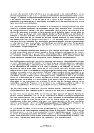Al parecer, las dioxinas también afectaban a la conducta sexual de los machos afectados en las
primeras etapas de la vida, por lo que se supuso que interfería con la diferenciación sexual del cerebro.
Al llegar a la madurez, el comportamiento sexual de estos machos en los apareamientos no se ajustaba
a los cánones masculinos, y si se les trataba con hormonas y eran montados por otro macho
manifestaban una gran propensión a las conductas feminizadas, como el arqueamiento del lomo en una
típica respuesta femenina de lordosis.
Earl Gray repitió este experimento con dioxinas en el laboratorio de toxicología reproductiva de la
Agencia de Protección Ambiental (EPA) en Research Triangle Park (Carolina del Norte), utilizando ratas
de otra raza diferente y hámsters, que están considerados como la especie menos sensible a las
dioxinas. En las pruebas de toxicidad se ha comprobado que la dosis letal para un hámster adulto es
cien veces mayor que la que mata a casi todos los demás mamíferos. Confirmando los trabajos de
Peterson, el laboratorio de la EPA observó una fuerte reducción de la cantidad de espermatozoides,
tanto en las ratas como en los hámsters. En estudios similares realizados con ratas hembras, se
descubrieron malformaciones en el conducto reproductor. Los resultados obtenidos con los hámsters
interesaron de manera especial a Gray, ya que había quien alegaba que las dioxinas no representaban
un peligro porque ninguna persona había muerto jamás por exposición a las dioxinas. Aunque puede
resultar difícil matar a un hámster adulto con dioxinas, la especie resultó ser tan sensible como
cualquier otra a la exposición prenatal.
Lo mismo que Peterson, Gray descubrió alteraciones en la conducta sexual de las ratas machos, pero
no está convencido de que esta torpeza sexual se deba a un trastorno del desarrollo del cerebro.
También existe la posibilidad de que las dioxinas alteren el desarrollo de los genitales masculinos, que
no funcionarían como es debido, restando eficiencia en el apareamiento. Por el momento, aún no está
claro si las dioxinas interfieren con el desarrollo del cerebro, alterando así la conducta sexual.
Los científicos saben menos sobre las dioxinas que sobre los impostores o bloqueadores hormonales
de acción más directa, como el metoxicloro y la vinclozolina, que provocan sus trastornos acoplándose
a los receptores de estrógeno o de andrógeno. Por esta razón, Gray no se atreve a predecir, basándose
en los experimentos con animales, lo que podría sucederles a las personas. No obstante, los
experimentos más recientes hacen pensar que las reacciones de personas y animales deben ser
bastante similares. Los investigadores han descubierto que las dioxinas actúan casi exclusivamente a
través de un receptor: uno de los receptores "huérfanos" cuyo mensajero químico normal aún no es
conocido. Este receptor se identificó primero en animales, pero los estudios realizados han demostrado
que también los seres humanos poseen un receptor funcional -un hidrocarburo arilo- al que se une la
dioxina. Se ha descubierto que en cuanto la dioxina ocupa el receptor en una célula humana, se pega al
ADN del núcleo de la célula, induciendo muchas de las alteraciones de la manifestación genética
observadas en los experimentos con animales. No parece que los humanos seamos menos
susceptibles a este efecto. Pero sigue siendo un misterio lo que sucede después, cómo se producen los
diversos efectos biológicos de las dioxinas, que incluyen numerosos trastornos del desarrollo.
Sea del modo que sea, la dioxina actúa como una hormona potente y persistente, capaz de producir
efectos duraderos en dosis muy bajas, similares a las que se han observado en la población humana.
Lo más irónico es que las ratas de los experimentos de Moore pasaron con todos los honores las
pruebas normales de fertilidad, que son las que suele utilizar la industria química para comprobar la
seguridad de sus productos. Casi todos los machos fueron capaces de fecundar hembras y engendrar
una cantidad normal de crías. Según Moore, esto se explica porque las ratas son animales
increíblemente fértiles, que producen diez veces más espermatozoides de los que necesitarían
realmente para reproducirse. Se ha comprobado que se puede suprimir el 99 por ciento del esperma de
una rata con una sustancia tóxica, y aun así no afectar a su capacidad reproductiva.
En comparación, los seres humanos somos reproductores poco eficaces, que solemos producir la
cantidad mínima de espermatozoides necesaria para lograr la fecundación. Según Moore, muchos
hombres presentan ya un nivel de espermatozoides "rayano en lo patológico", aunque no hayan sufrido
los efectos de sustancias disruptoras del sistema endocrino. Si Moore tiene razón y continúa durante
mucho tiempo esta disminución del número de espermatozoides, a nuestra especie le espera un futuro
muy incierto. Este descenso puede tener un efecto devastador en la fertilidad humana.
Informativos.Net
http://www.informativos.net
 