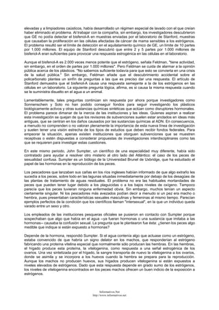 elevadas y a limpiadores caústicos, había desarrollado un régimen especial de lavado con el que creían
haber eliminado el problema. Al trabajar con la compañía, sin embargo, los investigadores descubrieron
que GE no podía detectar el bisfenol-A en muestras enviadas por el laboratorio de Stanford, muestras
que causaban la proliferación en las células afectadas de cáncer de mama sensibles a los estrógenos.
El problema resultó ser el límite de detección en el aquilatamiento químico de GE, un límite de 10 partes
por 1.000 millones. El equipo de Stanford descubrió que entre 2 y 5 partes por 1.000 millones de
bisfenol-A eran suficientes para provocar una respuesta estrogénica en las células en el laboratorio.
Aunque el bisfenol-A es 2.000 veces menos potente que el estrógeno, señala Feldman, "tiene actividad,
sin embargo, en el orden de partes por 1.000 millones". Pero Feldman se cuida de alarmar a la opinión
pública acerca de los plásticos. "No sabemos suficiente todavía para que esto se convierta en una crisis
de la salud pública." Sin embargo, Feldman añade que el descubrimiento accidental sobre el
policarbonato plantea un sinfín de preguntas a las que es preciso dar una respuesta. El artículo de
Stanford demuestra que el bisfenol-A causa una respuesta semejante a la de los estrógenos en las
células en un laboratorio. La siguiente pregunta lógica, afirma, es si causa la misma respuesta cuando
se le suministra disuelto en el agua a un animal.
Lamentablemente, tales preguntas continúan sin respuesta por ahora porque investigadores como
Sonnenschein y Soto no han podido conseguir fondos para seguir investigando los plásticos
biológicamente activos y otras sustancias químicas sintéticas que actúan como disruptores hormonales.
El problema parece dimanar de la inercia de las instituciones y las ideas. Quienes aspiran a realizar
esta investigación se quejan de que los revisores de subvenciones suelen estar anclados en ideas más
antiguas, que se centran en los daños causados por las sustancias químicas al ADN. En consecuencia,
a menudo no comprenden o no valoran plenamente la importancia de esta nueva línea de investigación
y suelen tener una visión estrecha de los tipos de estudios que deben recibir fondos federales. Para
empeorar la situación, apenas existen instituciones que otorguen subvenciones que se muestren
receptivas o estén dispuestas a considerar propuestas de investigaciones interdisciplinares como las
que se requieren para investigar estas cuestiones.
En este mismo periodo, John Sumpter, un científico de una especialidad muy diferente, había sido
contratado para ayudar a resolver otro misterio al otro lado del Atlántico: el caso de los peces de
sexualidad confusa. Sumpter es un biólogo de la Universidad Brunel de Uxbridge, que ha estudiado el
papel de las hormonas en la reproducción de los peces.
Los pescadores que lanzaban sus cañas en los ríos ingleses habían informado de que algo extraño les
sucedía a los peces, sobre todo en las lagunas situadas inmediatamente por debajo de los desagües de
las plantas de tratamiento de aguas residuales. El problema no era las habituales mortandades de
peces que pueden tener lugar debido a los plaguicidas o a los bajos niveles de oxígeno. Tampoco
parecía que los peces tuvieran ninguna enfermedad obvia. Sin embargo, muchos tenían un aspecto
ciertamente singular. Ni los pescadores más avezados podían decir a menudo si un pez era macho o
hembra, pues presentaban características sexuales masculinas y femeninas al mismo tiempo. Parecían
ejemplos perfectos de la condición que los científicos llaman "intersexual", en la que un individuo queda
varado entre un sexo y otro.
Los empleados de las instituciones pesqueras oficiales se pusieron en contacto con Sumpter porque
sospechaban que algo que había en el agua --ya fueran hormonas o una sustancia que imitaba a las
hormonas-- causaba la confusión sexual. La pregunta que le plantearon fue ésta: ¿tienen los peces algo
medible que indique si están expuesto a hormonas?
Depende de la hormona, respondió Sumpter. Si el agua contenía algo que actuase como un estrógeno,
estaba convencido de que habría un signo delator en los machos, que responderían al estrógeno
fabricando una proteína vitelina especial que normalmente sólo producen las hembras. En las hembras,
el hígado produce esta proteína, la vitelogenina, como respuesta a una señal estrogénica de los
ovarios. Una vez sintetizada por el hígado, la sangre transporta de nuevo la vitelogenina a los ovarios,
donde se asimila y se incorpora a los huevos cuando la hembra se prepara para la reproducción.
Aunque los machos no producen huevos, sus hígados producen vitelogenina si están expuestos a
niveles elevados de estrógenos. Dado que esta respuesta depende en grado sumo de los estrógenos,
los niveles de vitelogenina encontrados en los peces machos ofrecen un buen indicio de la exposición a
estrógenos.
Informativos.Net
http://www.informativos.net
 