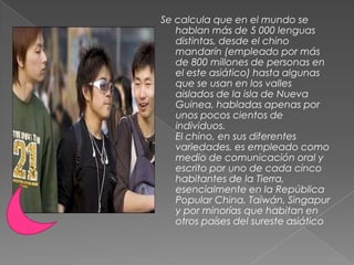 Se calcula que en el mundo se hablan más de 5 000 lenguas distintas, desde el chino mandarín (empleado por más de 800 millones de personas en el este asiático) hasta algunas que se usan en los valles aislados de la isla de Nueva Guinea, habladas apenas por unos pocos cientos de individuos.El chino, en sus diferentes variedades, es empleado como medio de comunicación oral y escrito por uno de cada cinco habitantes de la Tierra, esencialmente en la República Popular China, Taiwán, Singapur y por minorías que habitan en otros países del sureste asiático