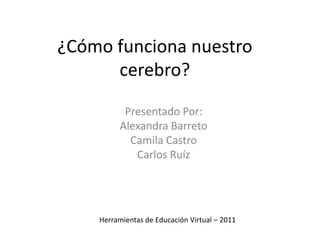 ¿Cómo funciona nuestro cerebro? Presentado Por:  Alexandra Barreto Camila Castro Carlos Ruíz Herramientas de Educación Virtual – 2011 